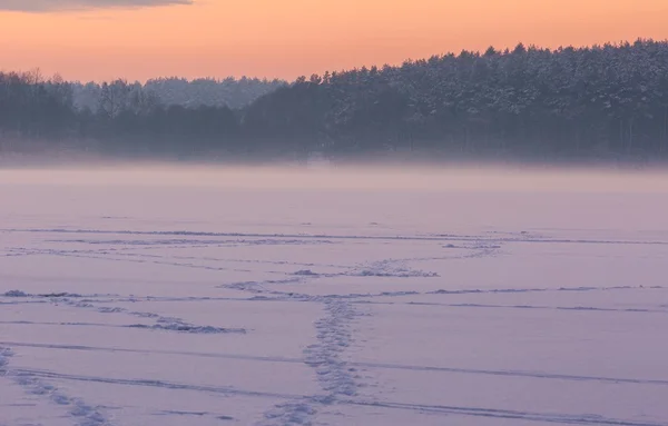 Avondrood over bevroren en besneeuwde meer. — Stockfoto