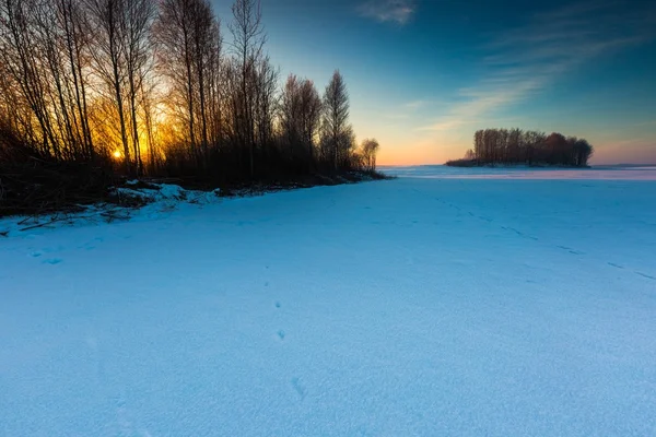 Bela manhã fria no campo de inverno nevado . — Fotografia de Stock