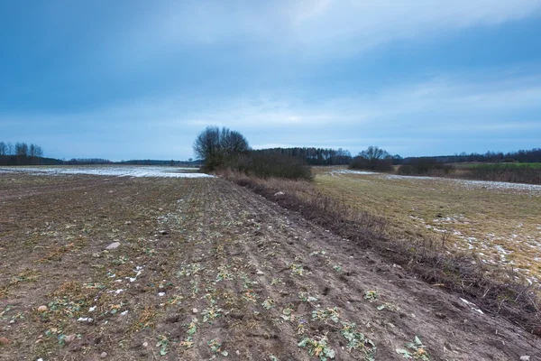 Early spring landscape of fields under cloudy sky — Stock Photo, Image