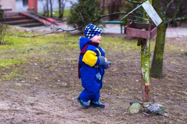 Küçük çocuk kuşlarda şehir parkı açık beslemeleri.