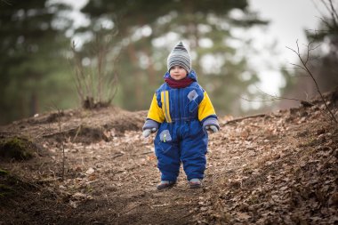 Ormanda erken Bahar oynarken küçük beyaz çocuk