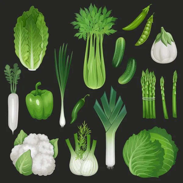 Conjunto de verduras verdes frescas — Vector de stock