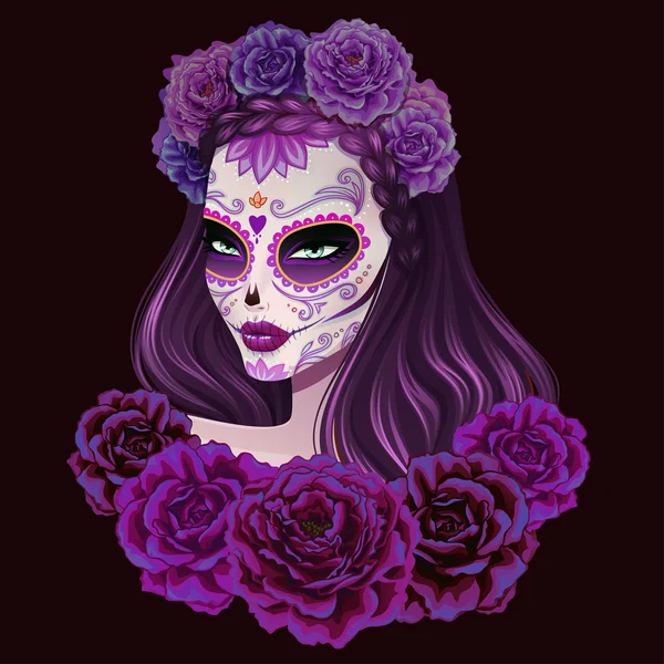 Beautiful sugar skull woman — Stock Vector