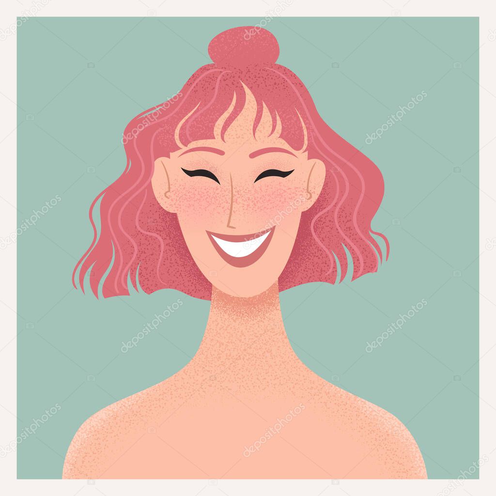 Beauty female portrait. Smiling young woman avatar. Girl with pink hair. Vector illustration