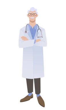 Elleri çapraz duran yaşlı bir erkek doktor. Beyaz önlüklü doktor. Beyaz vektör illüstrasyonunda izole.
