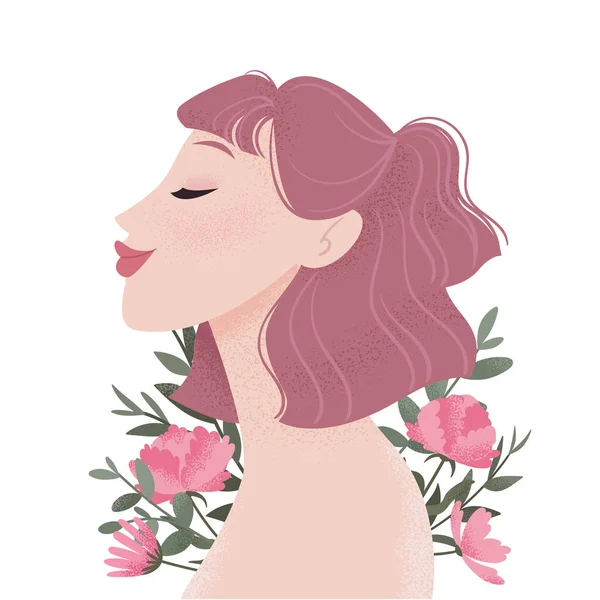 Beauty Female Portrait Decorated Pink Peonies Flowers Young Woman Avatar — Stock Vector