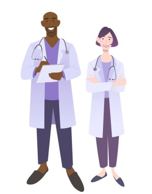 Tıp üniformalı dost canlısı doktorlar. Gülümseyen adam ve kadın doktorlar. Arkadaş canlısı terapist ve hemşire.