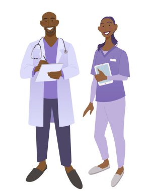 Tıbbi üniformalı dost canlısı Afrikalı Amerikalı doktorlar. Gülümseyen adam ve kadın doktorlar. Arkadaş canlısı terapist ve hemşire..