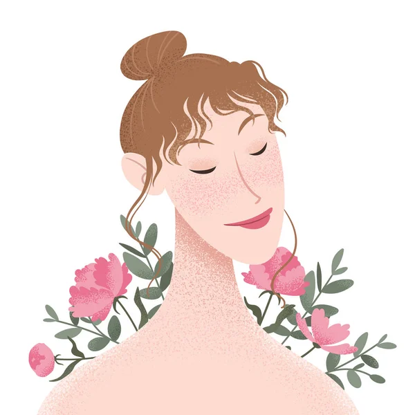 Beauty Female Portrait Decorated Pink Peonies Flowers Elegant Woman Avatar — Stock Vector