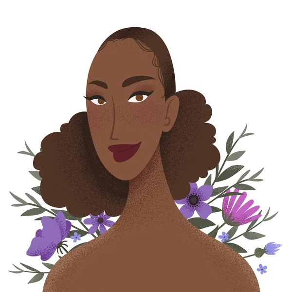 Schoonheid Vrouwelijk Portret Versierd Met Bloemen Elegante Afrikaanse Vrouw Avatar — Stockvector