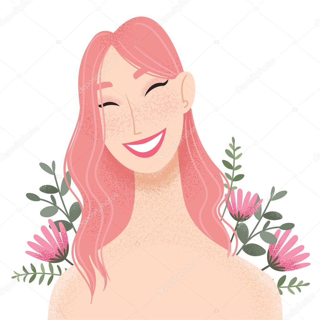 Beauty female portrait decorated with pink flowers. Smiling young Asian woman avatar. Girl with pink hair.