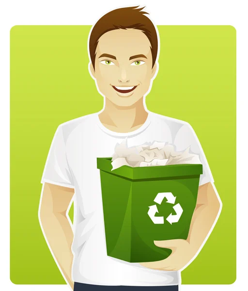 Hombre respetuoso con el medio ambiente clasificando una basura — Vector de stock