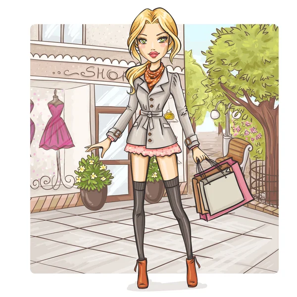 Fashion girl at shopping — Stock Vector