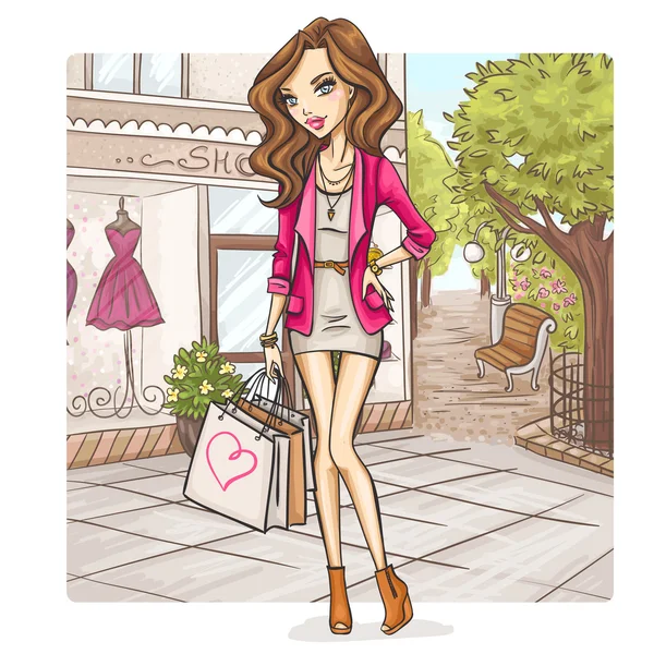 Chica de moda en las compras — Vector de stock