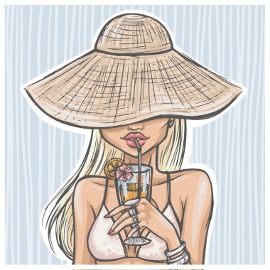 Girl in hat drinks a cocktail vector