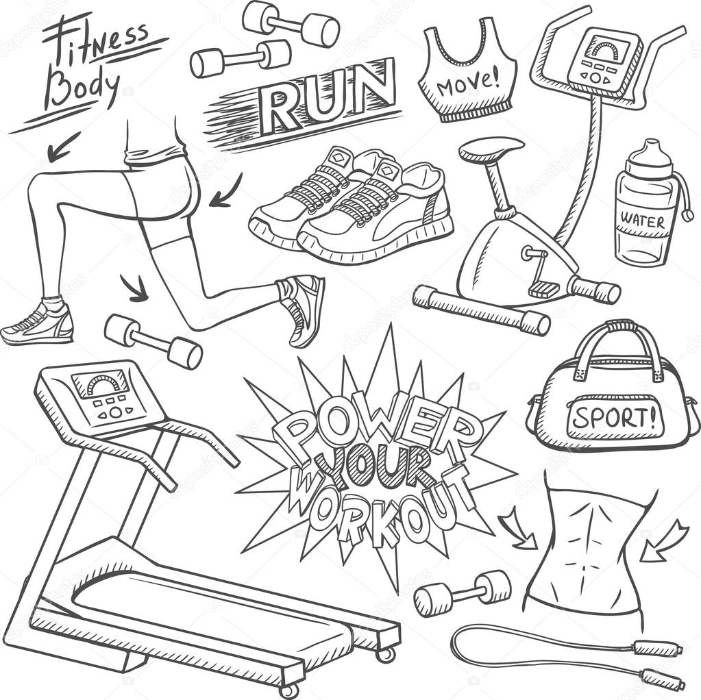 Gym and fitness doodles set