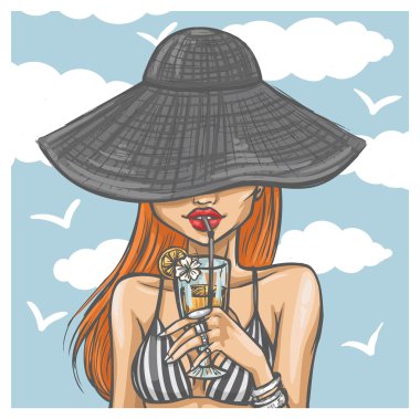 Sexy girl in hat drinks a cocktail vector