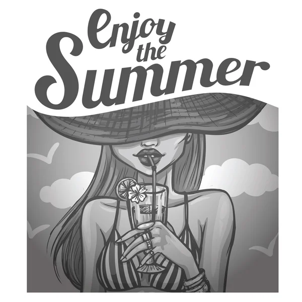 Illustration im Retro-Stil mit sexy Mädchen im Hut trinkt einen Cocktail — Stockvektor