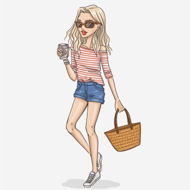 Çizilmiş moda kız illustrationprint el
