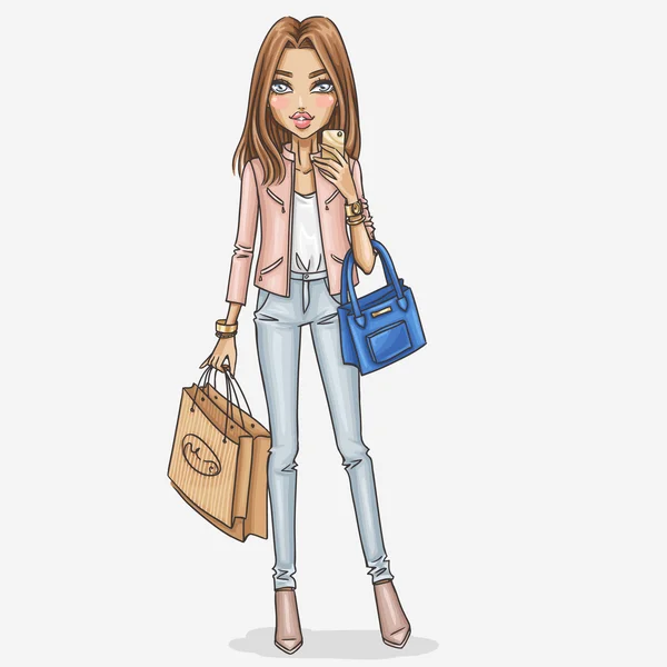 Chica hacer una selfie con bolsas de compras — Vector de stock