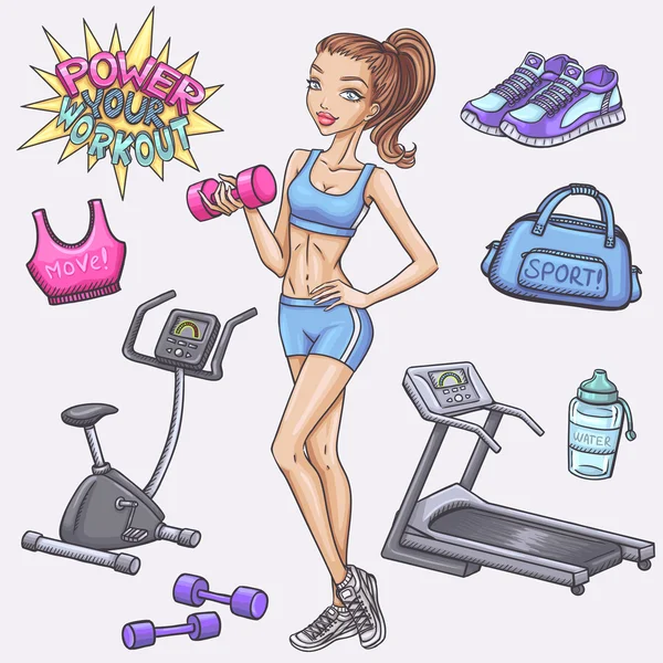 Fitness-Mädchen und Fitness-Doodles — Stockvektor