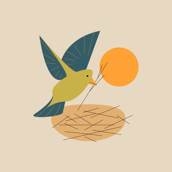 Vector vogel met tak in omtrek stijl. Digitale kunst — Stockvector