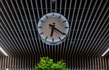 Beyaz kadranlı istasyon saati ve tavanın altında ahşap levhalardan yapılmış mavi ışıklandırma ve altında da küçük yeşil bir çalı.