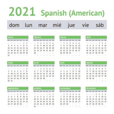 2021 İspanyol Amerikan Takvimi. Haftalar Pazar günü başlar