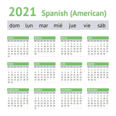 2021 Spanish American Calendar. Weeks start on Sunday clipart