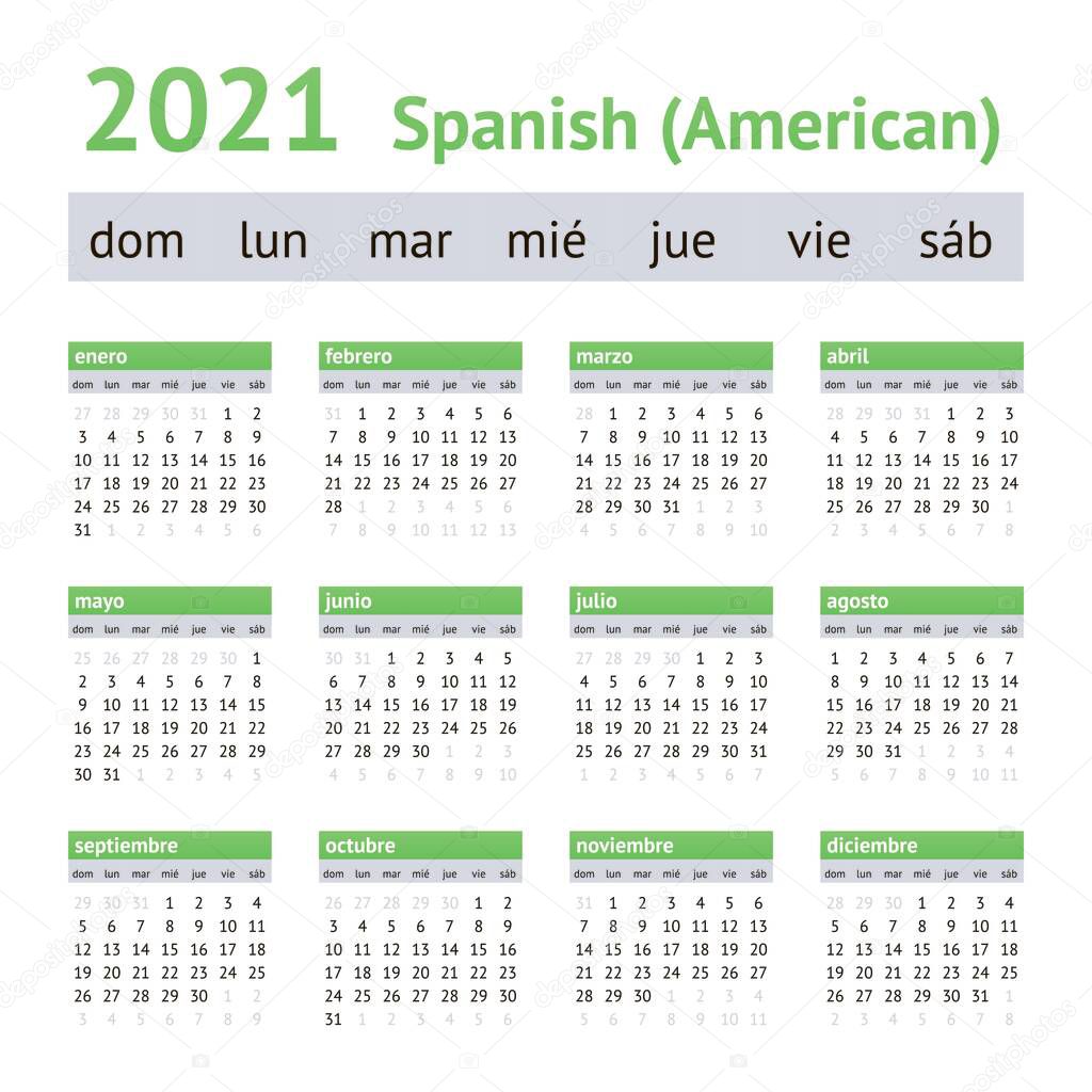 2021 Spanish American Calendar. Weeks start on Sunday