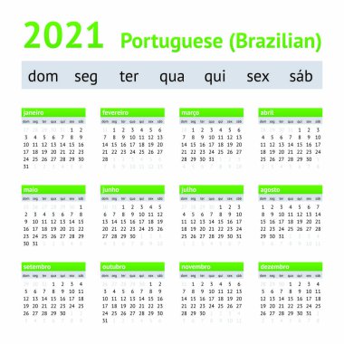 2021 Portekiz Amerikan Takvimi. Haftalar Pazar günü başlar