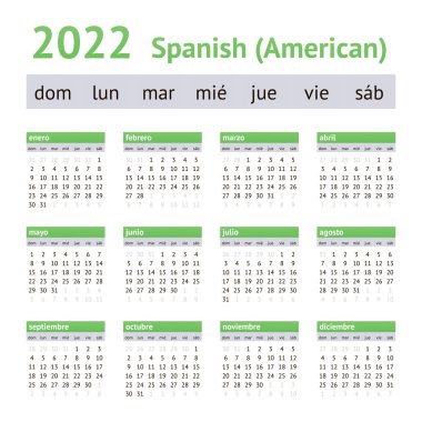 2022 Spanish American Calendar. Weeks start on Sunday clipart