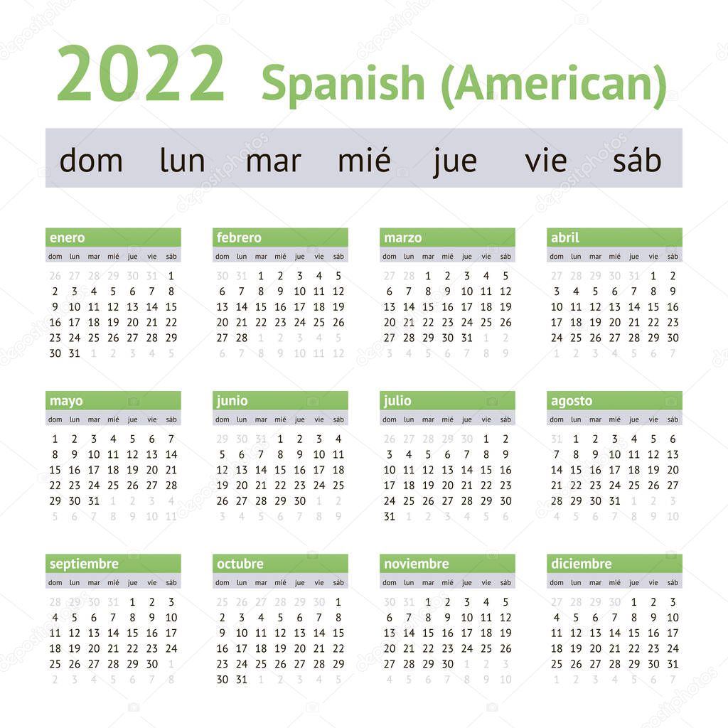 2022 Spanish American Calendar. Weeks start on Sunday