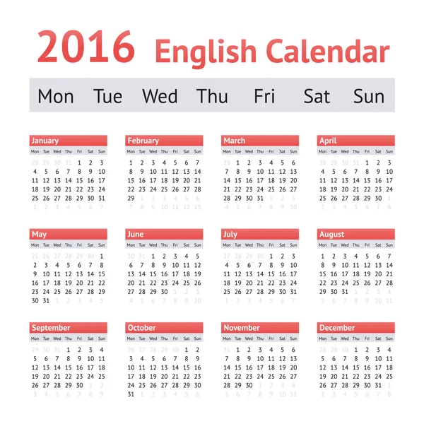 Европейский английский календарь на 2016 год. В понедельник начинается неделя — стоковый вектор