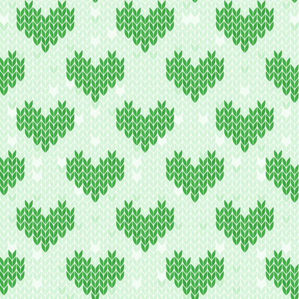 Nahtloses grünes Muster mit gestrickten Herzen — Stockvektor