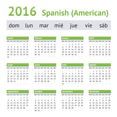 2016 İspanyol Amerikan takvim. Hafta Pazar günü başlar