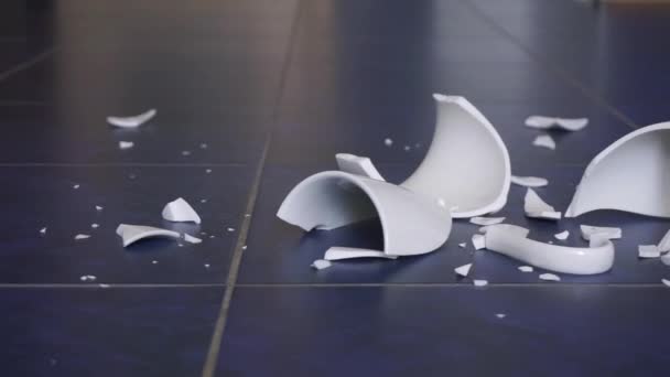 破杯子 杯子里的碎片散落在地板上 厨房器皿的碎玻璃 — 图库视频影像