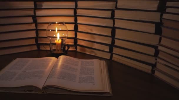 Book Candle Table Background Old Books — Stock Video