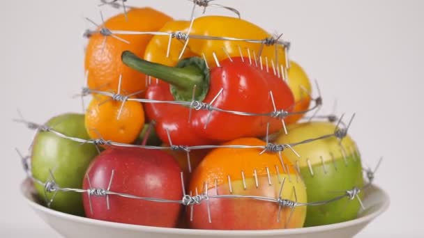 Gmo食品 转基因生物的概念基因改变或改变食物 水果和蔬菜的混合物 — 图库视频影像