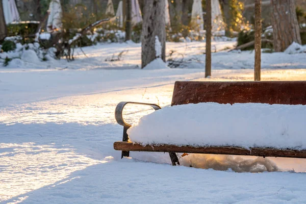 Bench Filled Snow Park Heavy Snow — стоковое фото