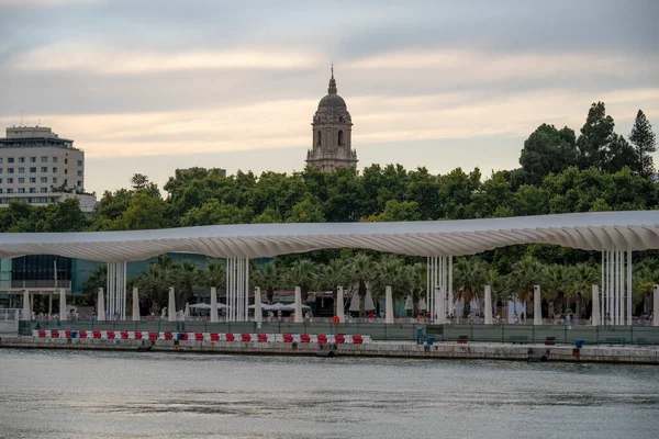 Uitzicht Gebouwen Van Stad Malaga Tijdens Zonsondergang Met Kerk Van — Stockfoto