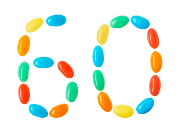 60 numero di caramelle multicolore isolate su bianco — Foto Stock