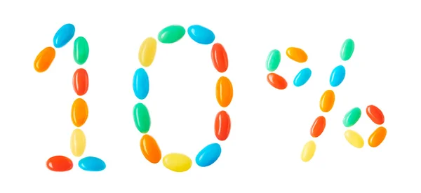 10% lettering made of multicolored candies isolated on white — Stock Photo, Image