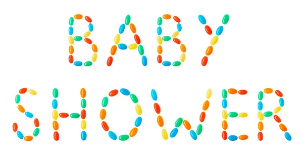 Letras de chá de bebê feitas de doces multicoloridos — Fotografia de Stock