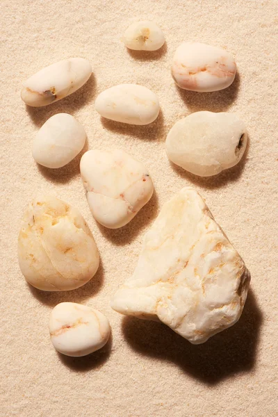 Kum üzerinde on beyaz tonda deniz taş topluluğu — Stok fotoğraf