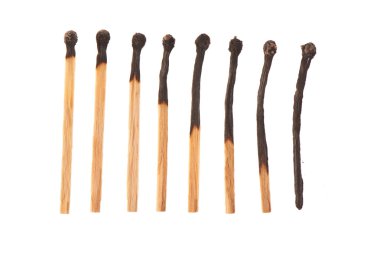 Set of eight burnt wooden matches arranged in ascending order