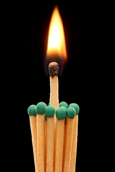 Group of green wooden matches with burning match in the centre — 图库照片