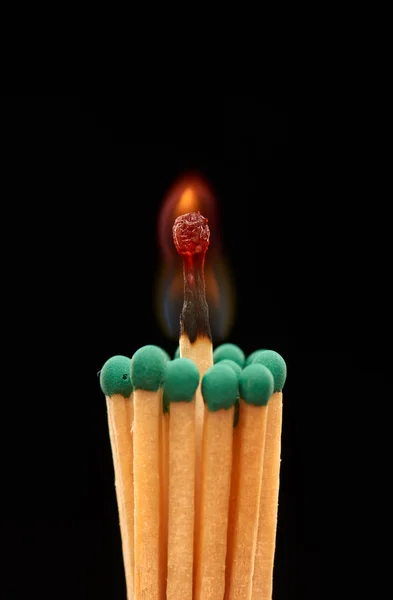 Group of green wooden matches with burning match in the centre — 图库照片