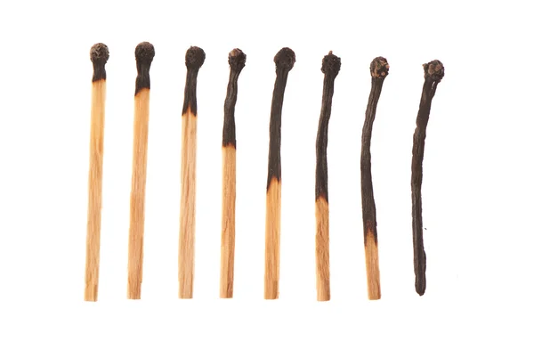 Set of eight burnt wooden matches arranged in ascending order — Stock fotografie