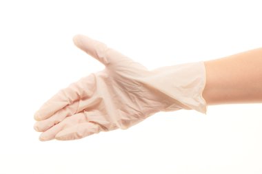 Doctor's hand in white sterilized surgical glove giving for handshake